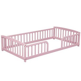 Pine Wood Floor Bed with Central Entrance, Guardrails, Sturdy Kids Transition Bed, Easy Assembly