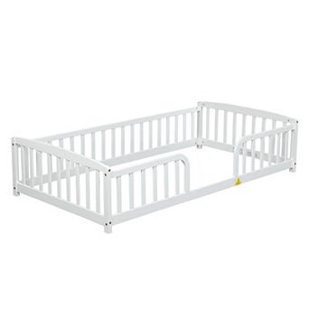 Pine Wood Floor Bed with Central Entrance, Guardrails, Sturdy Kids Transition Bed, Easy Assembly