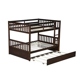 ible Rubber Wood Bunk Bed with Trundle, Ladder, Guardrails, Detachable into 2 Beds