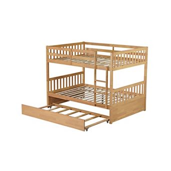 ible Rubber Wood Bunk Bed with Trundle, Ladder, Guardrails, Detachable into 2 Beds