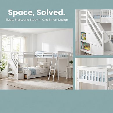 L-Shaped Bunk Bed with 3 Drawers, Staircase and Ladder, Solid Pine Wood, Space Saving Design