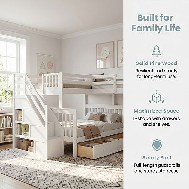 L-Shaped Bunk Bed with 3 Drawers, Staircase and Ladder, Solid Pine Wood, Space Saving Design
