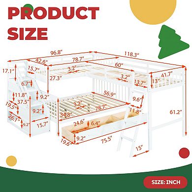 L-Shaped Bunk Bed with 3 Drawers, Staircase and Ladder, Solid Pine Wood, Space Saving Design