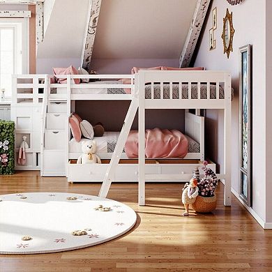 L-Shaped Bunk Bed with 3 Drawers, Staircase and Ladder, Solid Pine Wood, Space Saving Design