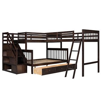 L-Shaped Bunk Bed with 3 Drawers, Staircase and Ladder, Solid Pine Wood, Space Saving Design