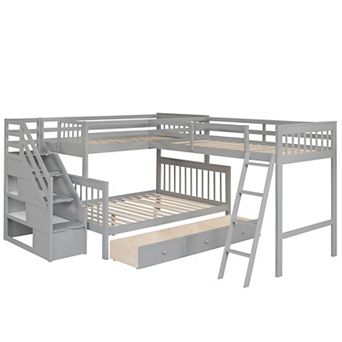 L-Shaped Bunk Bed with 3 Drawers, Staircase and Ladder, Solid Pine Wood, Space Saving Design