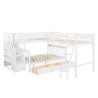 L-Shaped Bunk Bed with 3 Drawers, Staircase and Ladder, Solid Pine Wood, Space Saving Design