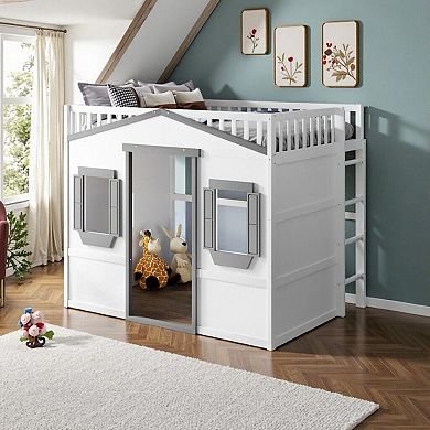 Solid Pine Wood House Loft Bed with Ladder, Guard Rails, Slat Support, No Box Spring Needed