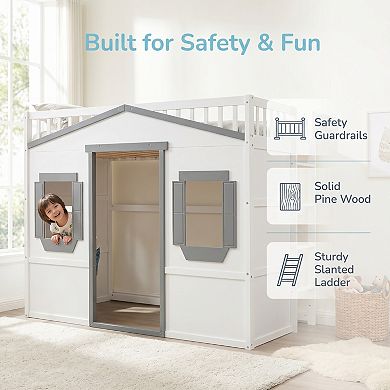 Solid Pine Wood House Loft Bed with Ladder, Guard Rails, Slat Support, No Box Spring Needed