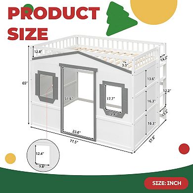 Solid Pine Wood House Loft Bed with Ladder, Guard Rails, Slat Support, No Box Spring Needed