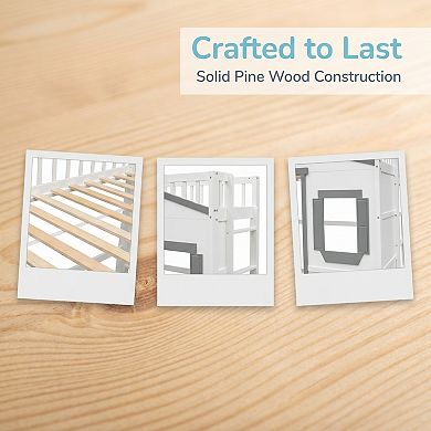 Solid Pine Wood House Loft Bed with Ladder, Guard Rails, Slat Support, No Box Spring Needed