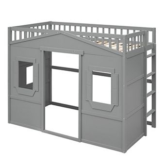Solid Pine Wood House Loft Bed with Ladder, Guard Rails, Slat Support, No Box Spring Needed