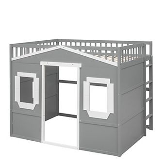 Solid Pine Wood House Loft Bed with Ladder, Guard Rails, Slat Support, No Box Spring Needed
