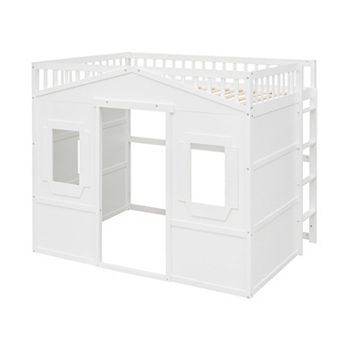 Solid Pine Wood House Loft Bed with Ladder, Guard Rails, Slat Support, No Box Spring Needed