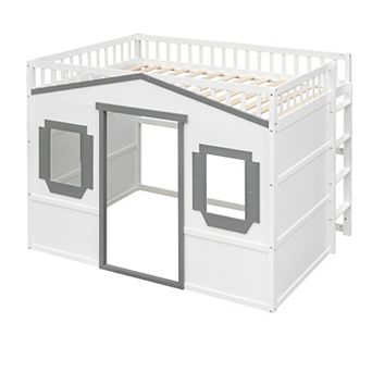 Solid Pine Wood House Loft Bed with Ladder, Guard Rails, Slat Support, No Box Spring Needed