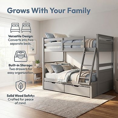 Wood Bunk Bed with Storage Drawers, Convertible Design, Solid Pine Frame, No Box Spring Needed