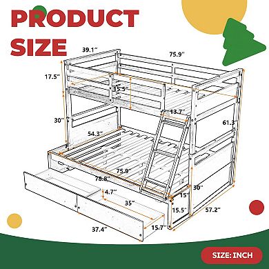 Wood Bunk Bed with Storage Drawers, Convertible Design, Solid Pine Frame, No Box Spring Needed