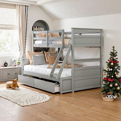 Wood Bunk Bed with Storage Drawers, Convertible Design, Solid Pine Frame, No Box Spring Needed