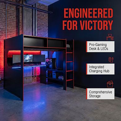 Gaming Loft Bed with Integrated Desk, LED Lights, Built-in Charging Station, Modern Wooden Bed Frame