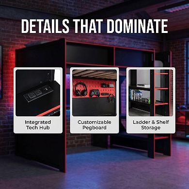 Gaming Loft Bed with Integrated Desk, LED Lights, Built-in Charging Station, Modern Wooden Bed Frame