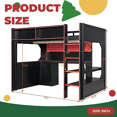 Gaming Loft Bed with Integrated Desk, LED Lights, Built-in Charging Station, Modern Wooden Bed Frame