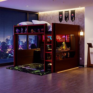 Gaming Loft Bed with Integrated Desk, LED Lights, Built-in Charging Station, Modern Wooden Bed Frame