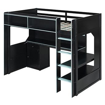 Gaming Loft Bed with Integrated Desk, LED Lights, Built-in Charging Station, Modern Wooden Bed Frame