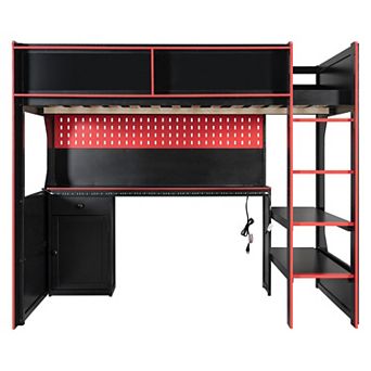 Gaming Loft Bed with Integrated Desk, LED Lights, Built-in Charging Station, Modern Wooden Bed Frame