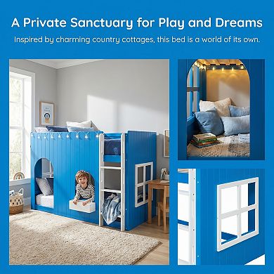 Kids Loft Bed with LED Light, Country House Design, Elevated Play Space, Sturdy Wood Frame