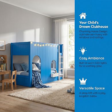 Kids Loft Bed with LED Light, Country House Design, Elevated Play Space, Sturdy Wood Frame