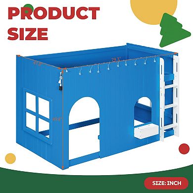 Kids Loft Bed with LED Light, Country House Design, Elevated Play Space, Sturdy Wood Frame