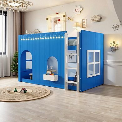 Kids Loft Bed with LED Light, Country House Design, Elevated Play Space, Sturdy Wood Frame