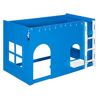 Kids Loft Bed with LED Light, Country House Design, Elevated Play Space, Sturdy Wood Frame
