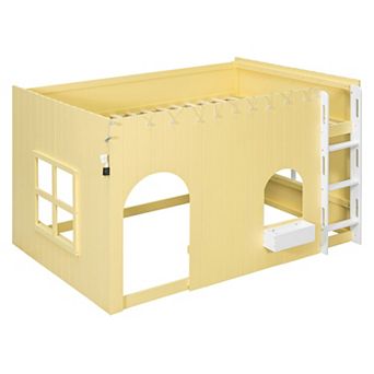 Kids Loft Bed with LED Light, Country House Design, Elevated Play Space, Sturdy Wood Frame