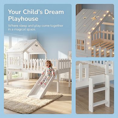 House Loft Bed with Slide, Playhouse Design, Star LED Lights, Solid Pine Wood, No Box Spring Needed