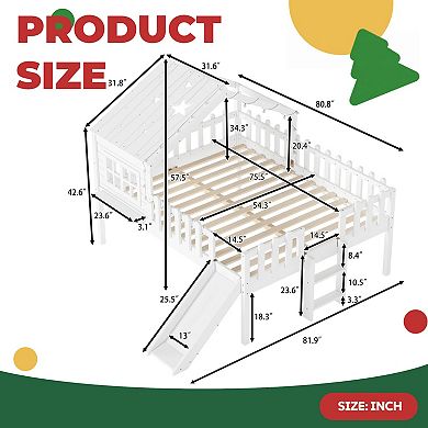 House Loft Bed with Slide, Playhouse Design, Star LED Lights, Solid Pine Wood, No Box Spring Needed