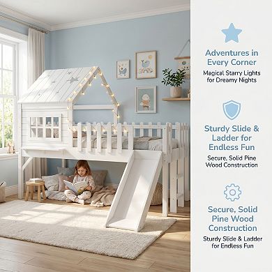 House Loft Bed with Slide, Playhouse Design, Star LED Lights, Solid Pine Wood, No Box Spring Needed
