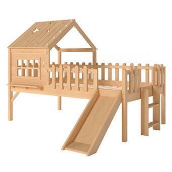 House Loft Bed with Slide, Playhouse Design, Star LED Lights, Solid Pine Wood, No Box Spring Needed