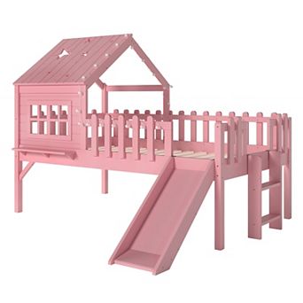 House Loft Bed with Slide, Playhouse Design, Star LED Lights, Solid Pine Wood, No Box Spring Needed