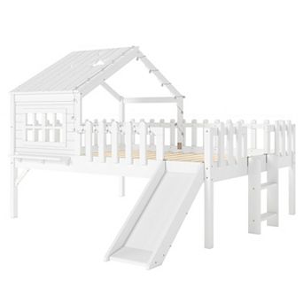 House Loft Bed with Slide, Playhouse Design, Star LED Lights, Solid Pine Wood, No Box Spring Needed