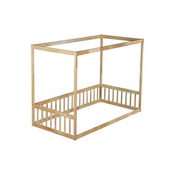Wood Canopy Frame Floor Bed with Guardrails, Rubber Wood Low Profile Design for Kids, Easy Assembly