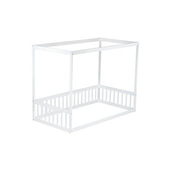 Wood Canopy Frame Floor Bed with Guardrails, Rubber Wood Low Profile Design for Kids, Easy Assembly