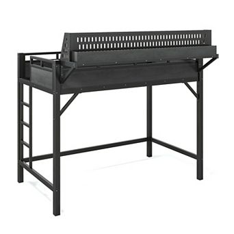Metal Loft Bed Frame with Storage Shelves, Pegboard, USB Ports, LED Lights, Safe and Sturdy Design
