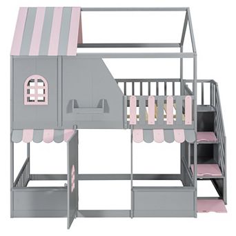 House Bunk Bed with Playhouse Design, Storage Staircase, Roof, Door, Shelves, Wooden Kids Bed Frame