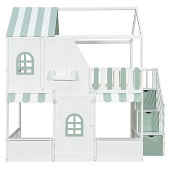 House Bunk Bed with Playhouse Design, Storage Staircase, Roof, Door, Shelves, Wooden Kids Bed Frame