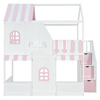 House Bunk Bed with Playhouse Design, Storage Staircase, Roof, Door, Shelves, Wooden Kids Bed Frame