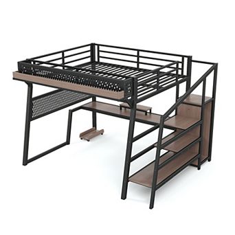 Metal Loft Bed with Storage Stairs, Built-in Wardrobe, USB Ports, LED Lights, Noise-reduced Design