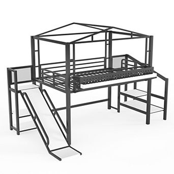 Metal Loft Bed with Storage Stairs, Shelves, Built-in Wardrobe, USB Ports, LED Lights, Noise-reduced