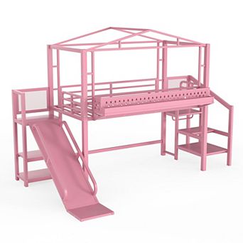 Metal Loft Bed with Storage Stairs, Shelves, Built-in Wardrobe, USB Ports, LED Lights, Noise-reduced