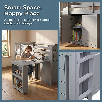 Rubber Wood Loft Bed with Storage Cabinets, Pull-Out Desk, Safety Guardrail, Sturdy Ladder